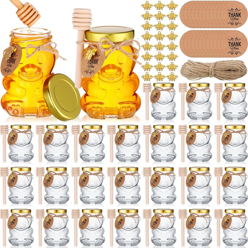 Pickmesh 24 Set 4 oz Bear Shaped Rosh Hashanah Glass Honey Jars with Dipper Bee Pendants Tags Twine Honey Jars Party Favors Small Bear Bottle Container for Baby Shower Wedding Favors(Gold Lids) - Image 1