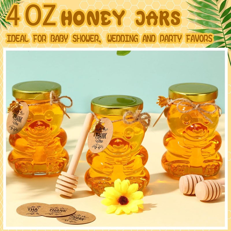 Pickmesh 24 Set 4 oz Bear Shaped Rosh Hashanah Glass Honey Jars with Dipper Bee Pendants Tags Twine Honey Jars Party Favors Small Bear Bottle Container for Baby Shower Wedding Favors(Gold Lids) - Image 5