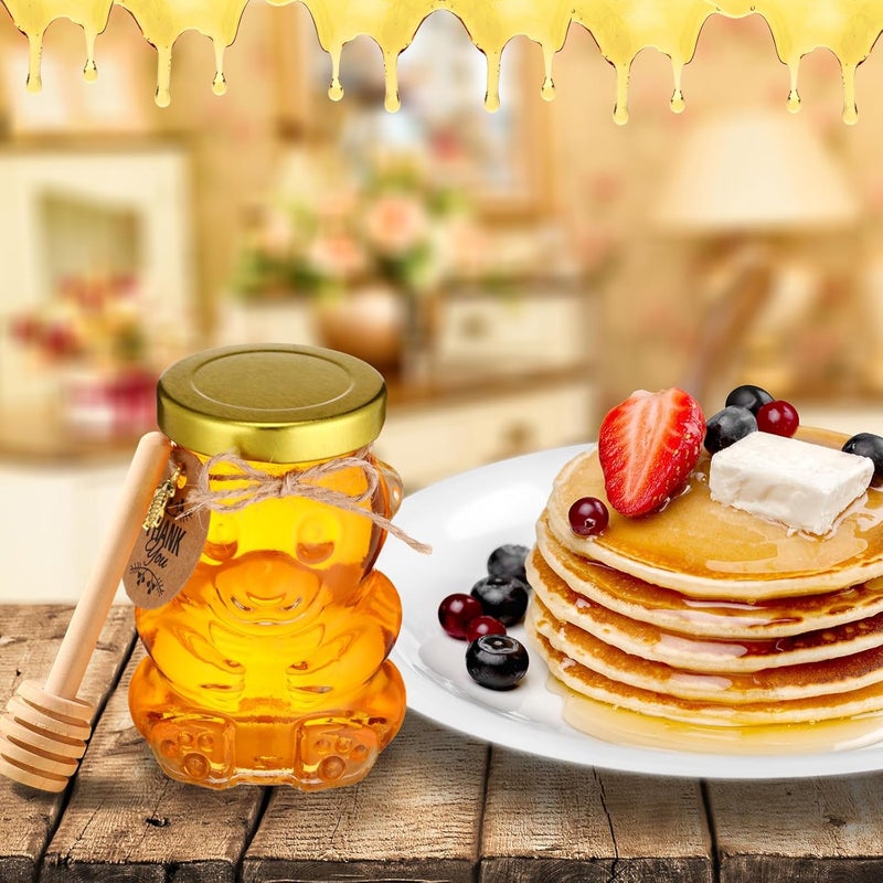 Pickmesh 24 Set 4 oz Bear Shaped Rosh Hashanah Glass Honey Jars with Dipper Bee Pendants Tags Twine Honey Jars Party Favors Small Bear Bottle Container for Baby Shower Wedding Favors(Gold Lids) - Image 4