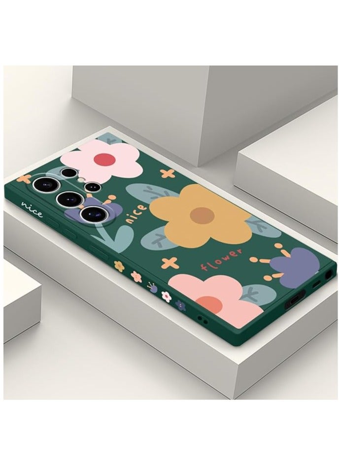 For Samsung S24 Ultra Case Flower Butterfly Pattern Design S24 Ultra Phone Cover Ultra Thin Soft Anti Drop Liquid Silicone Case for Samsung Galaxy S24 Ultra 6.8"-Color Block Green - Image 1