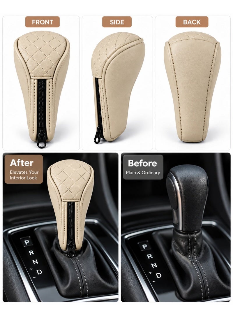 Universal PU Leather Car Gear Shift Cover, Quilted Gear Knob Protector, Interior Gear Stick Cover - Beige - Image 1