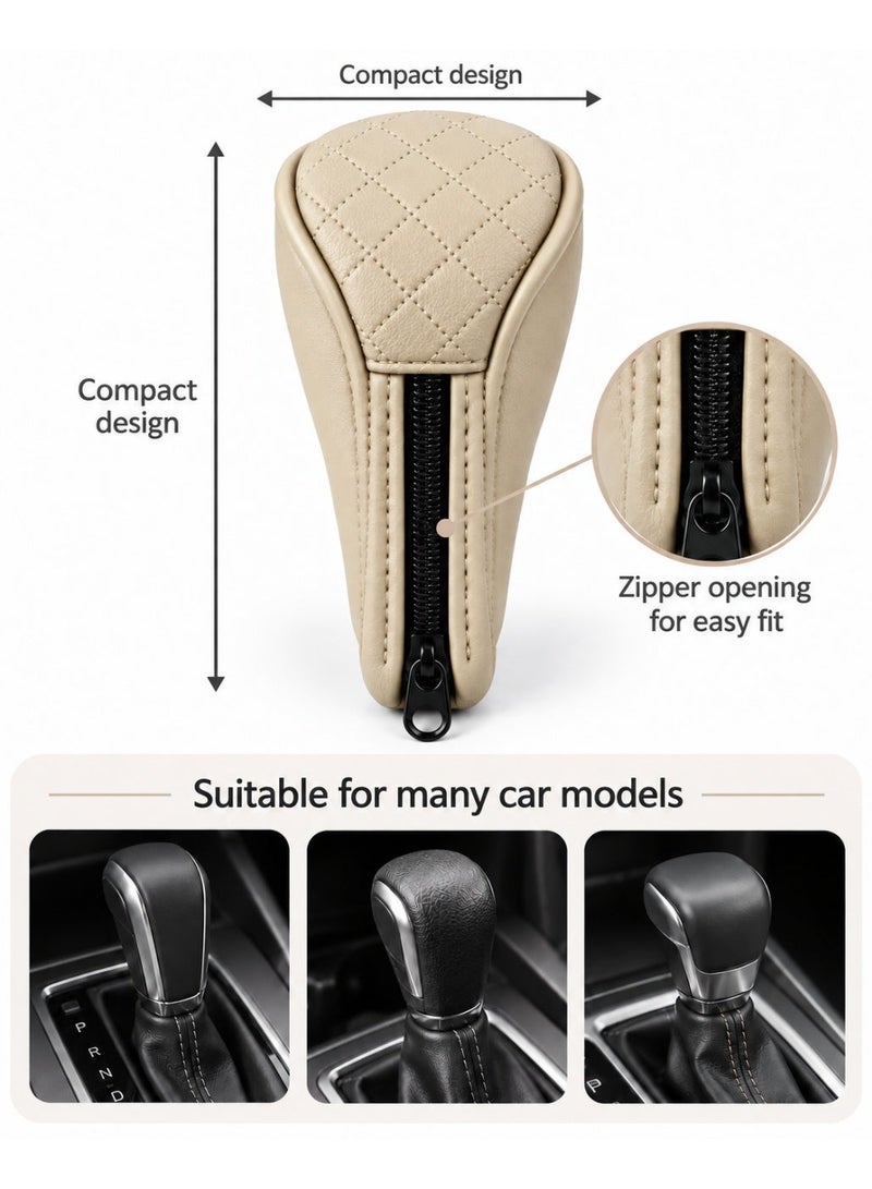 Universal PU Leather Car Gear Shift Cover, Quilted Gear Knob Protector, Interior Gear Stick Cover - Beige - Image 2