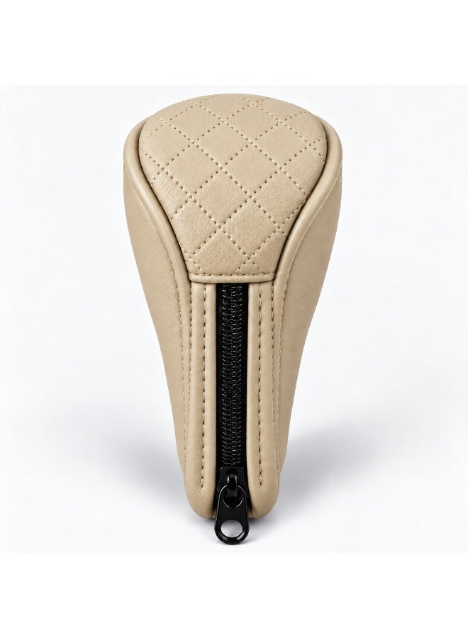 Universal PU Leather Car Gear Shift Cover, Quilted Gear Knob Protector, Interior Gear Stick Cover - Beige - Image 3
