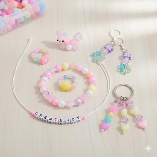 Ambitieux DIY Bracelet Making Kit for Girls – 12 Types 340+ pcs Colorful Beads with 8 pcs Charms, Elastic Thread, Earrings, Clasps & Rings – Jewellery Craft Kit for Kids, Birthday Return Gift, Rakhi Special Set for 2 3 4 5 6 7 8 9 10 years (Pink shade kit) - Image 5