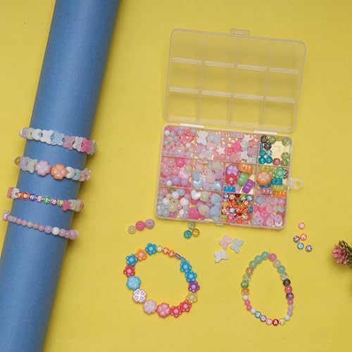 Ambitieux DIY Bracelet Making Kit for Girls – 12 Types 340+ pcs Colorful Beads with 8 pcs Charms, Elastic Thread, Earrings, Clasps & Rings – Jewellery Craft Kit for Kids, Birthday Return Gift, Rakhi Special Set for 2 3 4 5 6 7 8 9 10 years (Pink shade kit) - Image 2