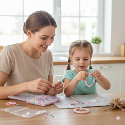 Ambitieux DIY Bracelet Making Kit for Girls – 12 Types 340+ pcs Colorful Beads with 8 pcs Charms, Elastic Thread, Earrings, Clasps & Rings – Jewellery Craft Kit for Kids, Birthday Return Gift, Rakhi Special Set for 2 3 4 5 6 7 8 9 10 years (Pink shade kit) - Image 4