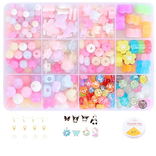 Ambitieux DIY Bracelet Making Kit for Girls – 12 Types 340+ pcs Colorful Beads with 8 pcs Charms, Elastic Thread, Earrings, Clasps & Rings – Jewellery Craft Kit for Kids, Birthday Return Gift, Rakhi Special Set for 2 3 4 5 6 7 8 9 10 years (Pink shade kit) - Image 1