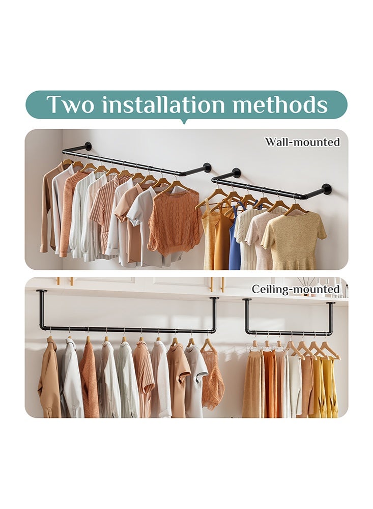 Solerconm Industrial Pipe Clothes Rail, Wall Mounted Clothes Bar Rack, Set of 2, Heavy Duty Clothing Rail Extendable Hanging Rails - Image 3