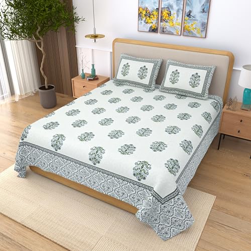 EasyGoods® 100% Pure Cotton Jaipuri Bedsheet with Pillow Covers | Soft & Breathable Fabric | Traditional Floral Print | Cotton Bedsheet (Green, King) - Image 3