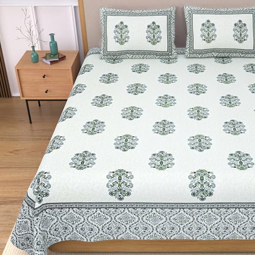 EasyGoods® 100% Pure Cotton Jaipuri Bedsheet with Pillow Covers | Soft & Breathable Fabric | Traditional Floral Print | Cotton Bedsheet (Green, King) - Image 1