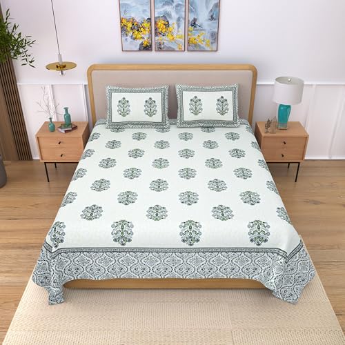 EasyGoods® 100% Pure Cotton Jaipuri Bedsheet with Pillow Covers | Soft & Breathable Fabric | Traditional Floral Print | Cotton Bedsheet (Green, King) - Image 2