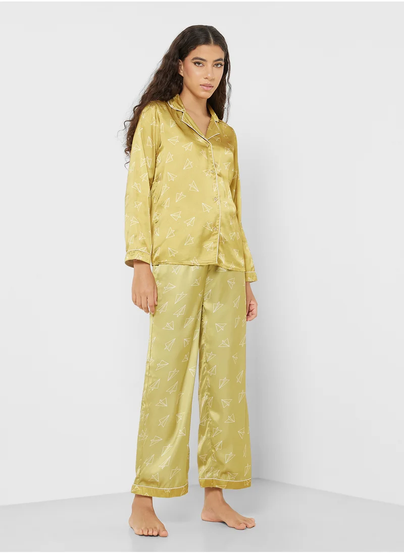 Ginger Satin Printed Shirt & Pjama Set