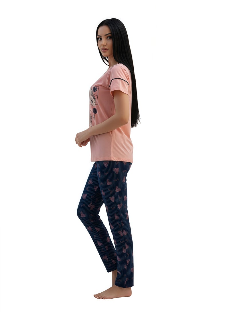 جوانا طقم بيجاما نسائي بطبعة "أحبك"، قميص بنصف كم وبنطال طويل، وردي فاتح - Image 5