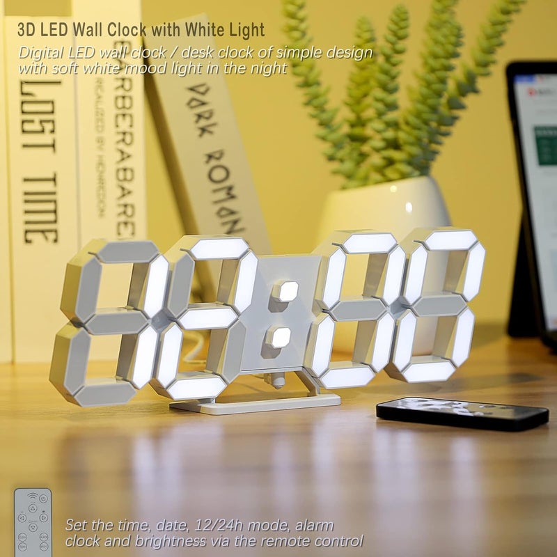 KOSUMOSU ساعة رقمية LED ثلاثية الأبعاد من ، حجم 9.7 بوصة، تتميز بشاشة كبيرة ومزودة بجهاز تحكم عن بعد، تعرض التاريخ ودرجة الحرارة (بإضاءة بيضاء) - Image 5