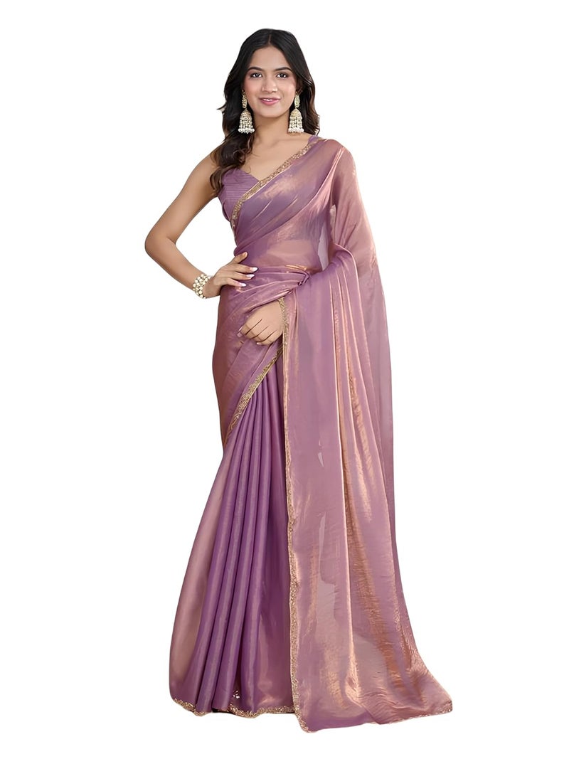 Sidhidata Women's Purple & Gold Two Tone Fandy Silk Saree with Hand Work Lace Border and Unstitched Blouse Piece - Image 1