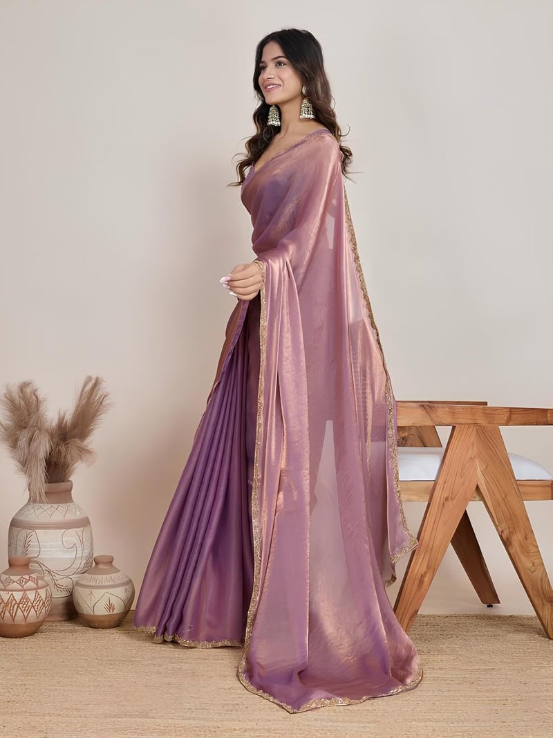 Sidhidata Women's Purple & Gold Two Tone Fandy Silk Saree with Hand Work Lace Border and Unstitched Blouse Piece - Image 4