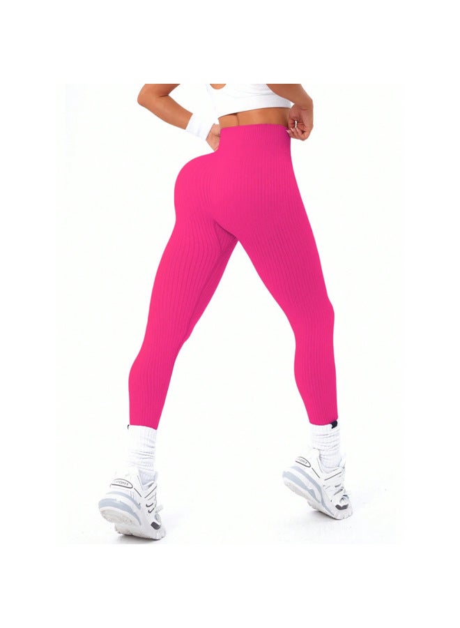Ribbed Yoga Wear Sports Leggings For Women, High-waisted Tummy Control Yoga Pants, Peach Fitness Long Pants For Outerwear