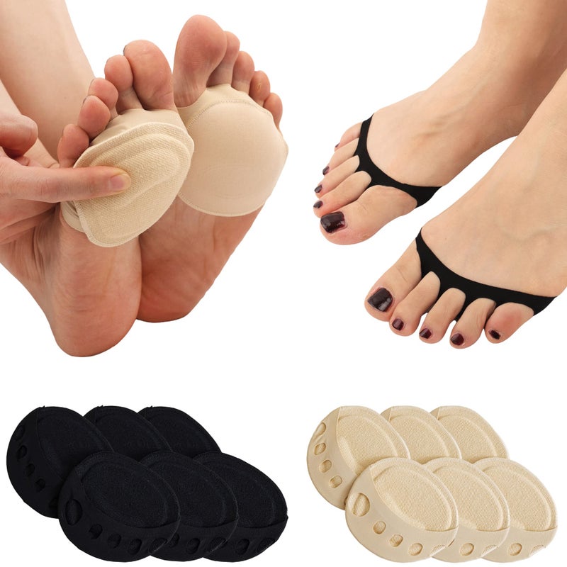 F Flammi Flammi 6 Pairs Women's Peep Toe Cover with 3D Padding Toe Topper Liner Socks Non-Skid Bottom(Ice Silk-3beige3black) - Image 1