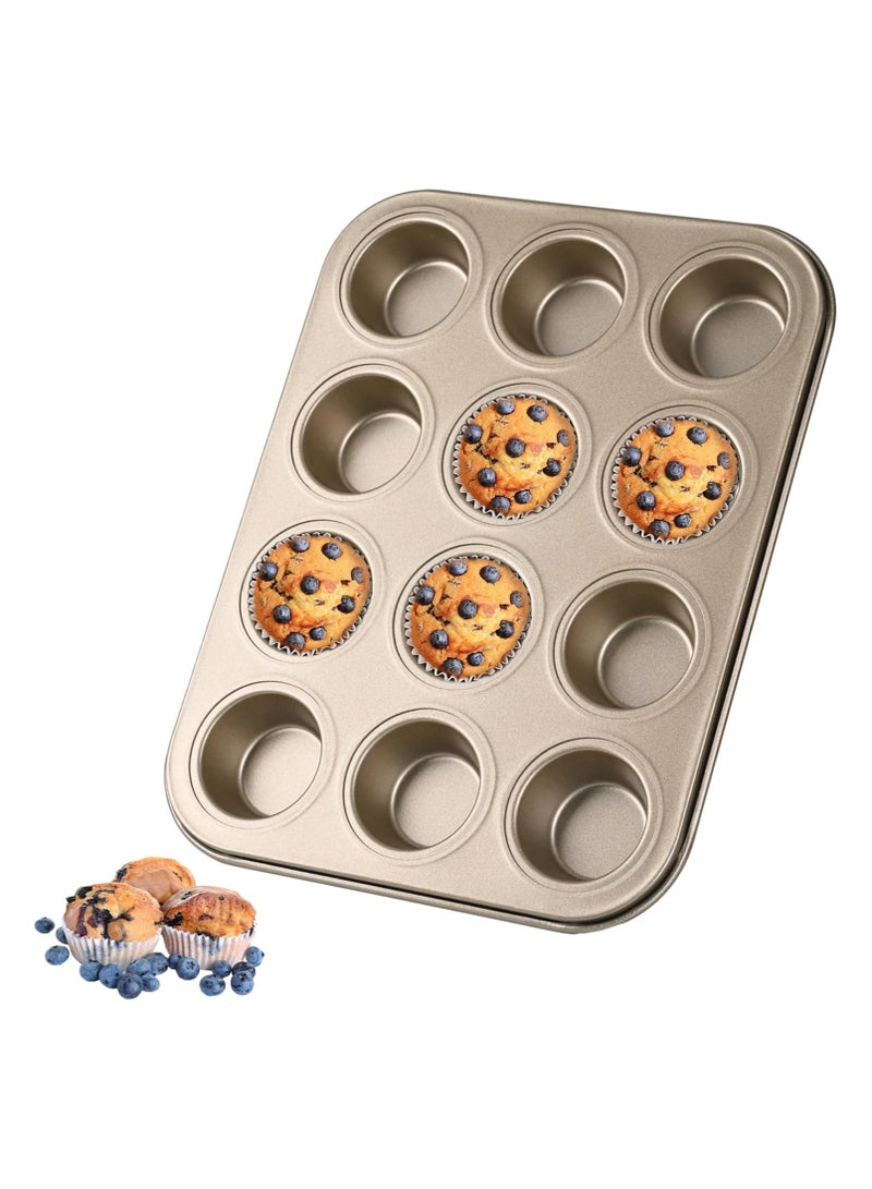 Mini Muffin Pan, Premium Small Cupcake Pans, Carbon Steel 12-Cup Muffin Tin, Versatile Non-Stick Bakeware (Gold) - Image 1