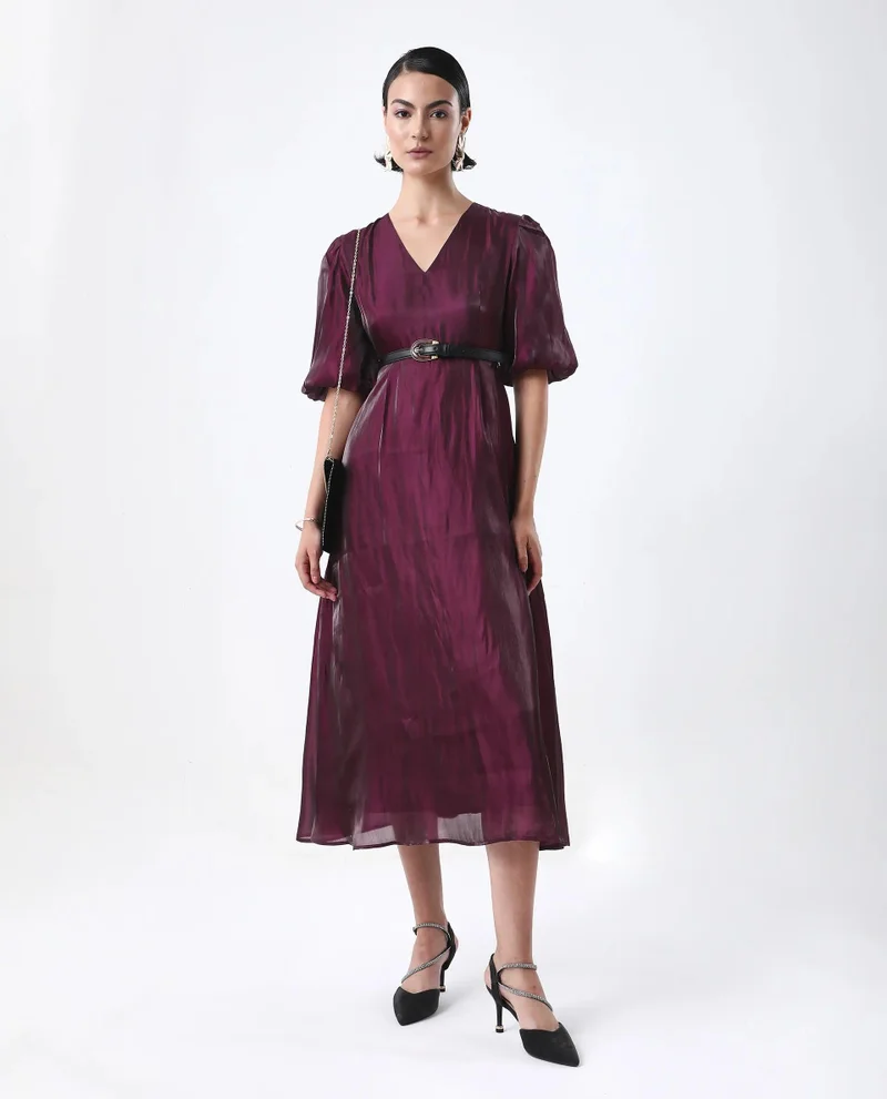 ريريزم Women's Solid Organza Fit And Flare Midi Dress