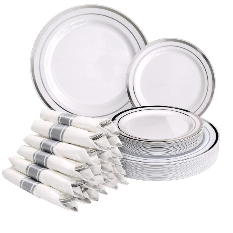 Excello Global Products Pre Wrapped Cutlery Set 25 sets of Fork Knife Spoon wrapped in a napkin 25 Small Plates 25 Big Plates Silver