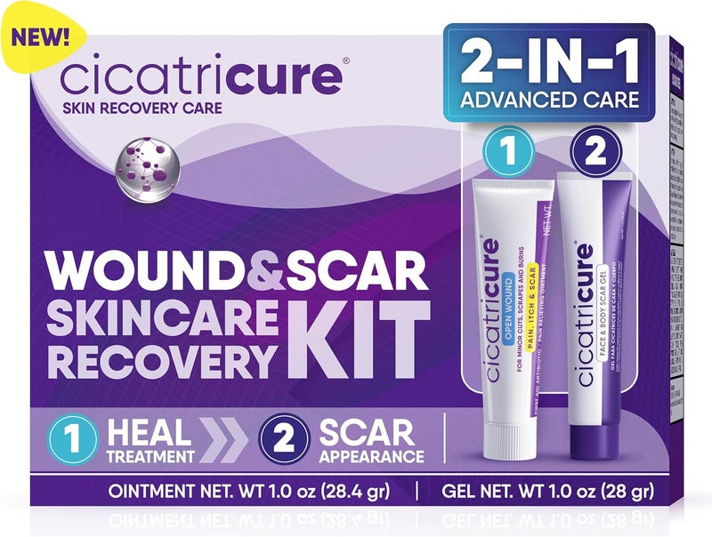 CICATRICURE Cicatricure Skin Recovery Kit: Advanced Scar Gel & Open Wound Care Antibiotic Ointment, Reduces Stretch Marks, Surgical & Acne Scars, Treats Cuts & Burns, 1 oz Each - for Adults & Kids