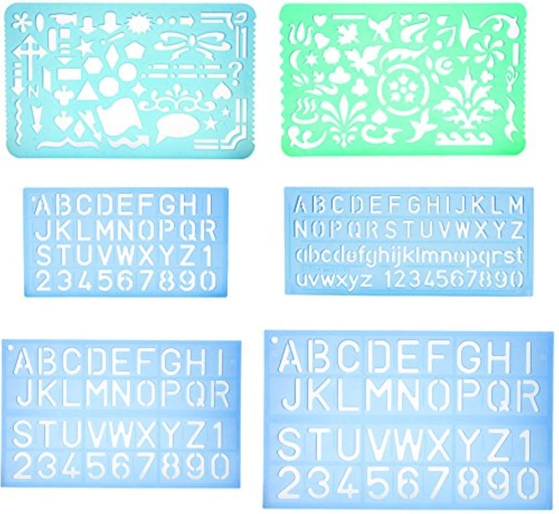 Yosogo Set of 2 Artistic Drafting Templates & 4 ABC Lettering Stencil Plates | Durable and Lightweight Plastic for Art, Craft, and Learning Projects - Image 1