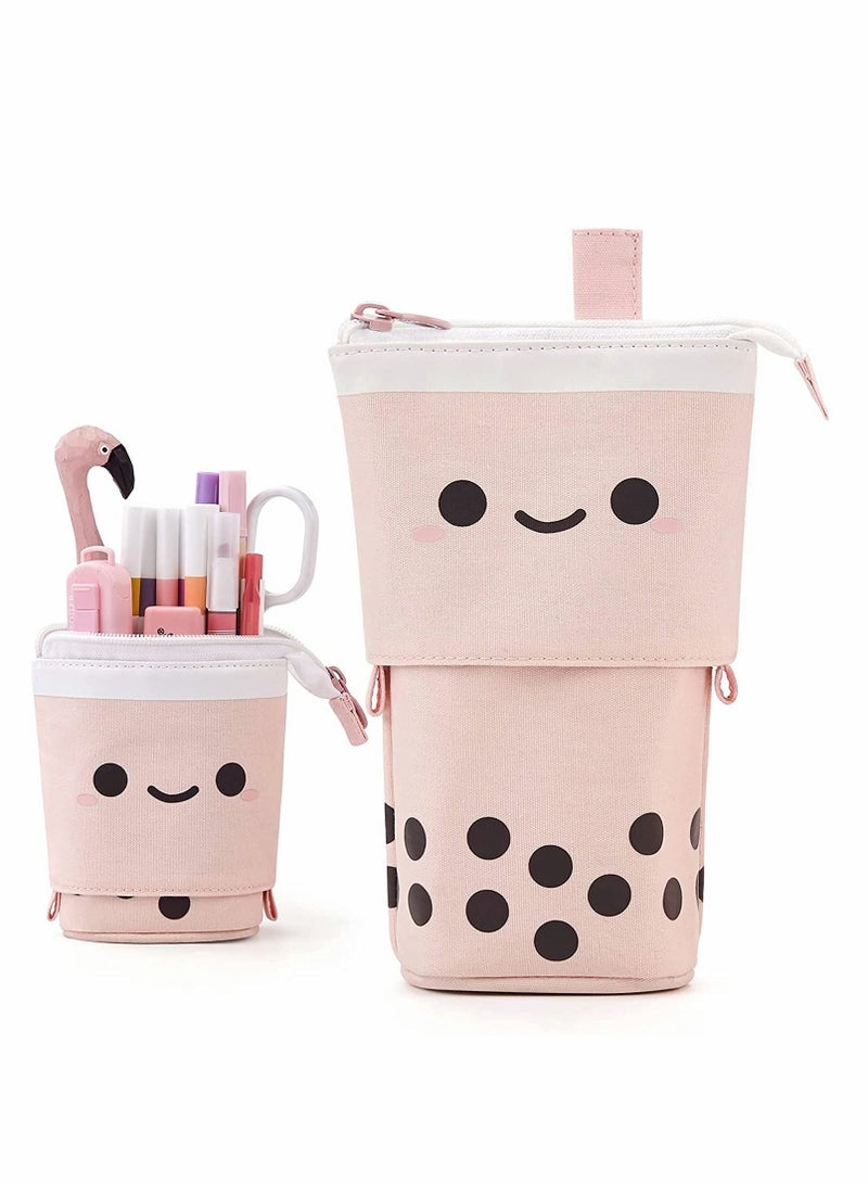 Excefore Cute Boba Milk Tea Pen Pencil Telescopic Holder Stationery Case with Kawaii Smile Face, Standing Pencil Case, Cute Stationery - Image 1