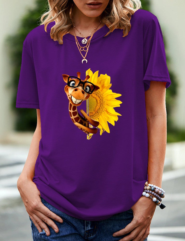 wish independent station giraffe pattern printed short sleeve t-shirt for women - Image 1