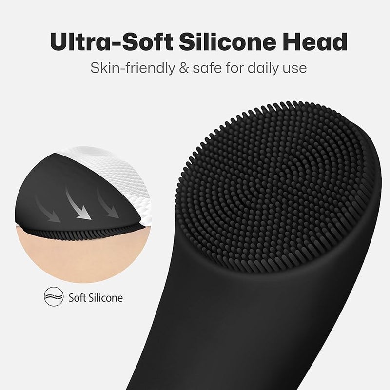 pritech Facial Cleansing Brush, Rechargeable Silicone Face Scrubber with Heat Massage End, Vibrating Exfoliator Scrubber for Deep Cleaning, Waterproof Face Brush for Women and Men (Black) - Image 4
