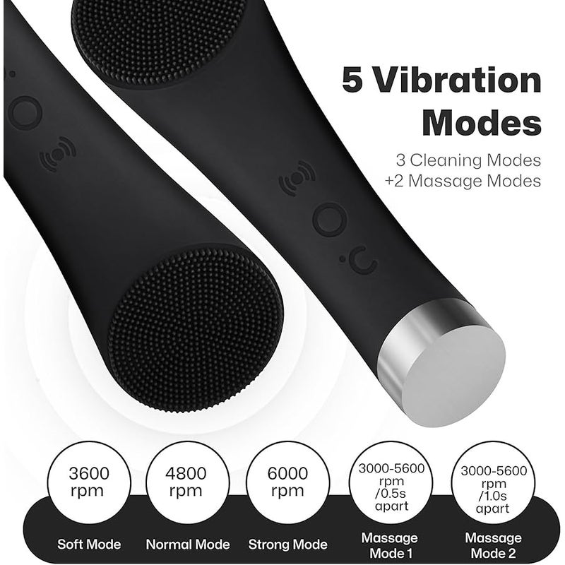 pritech Facial Cleansing Brush, Rechargeable Silicone Face Scrubber with Heat Massage End, Vibrating Exfoliator Scrubber for Deep Cleaning, Waterproof Face Brush for Women and Men (Black) - Image 3