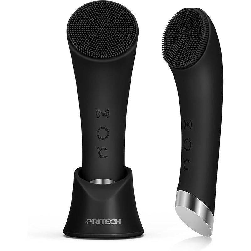 pritech Facial Cleansing Brush, Rechargeable Silicone Face Scrubber with Heat Massage End, Vibrating Exfoliator Scrubber for Deep Cleaning, Waterproof Face Brush for Women and Men (Black) - Image 1