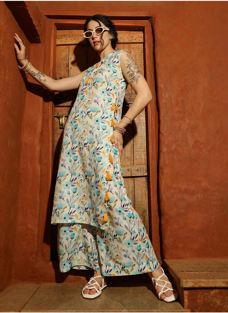  قصة Women's Multicolour Floral Tassel Kurta With Palazzo