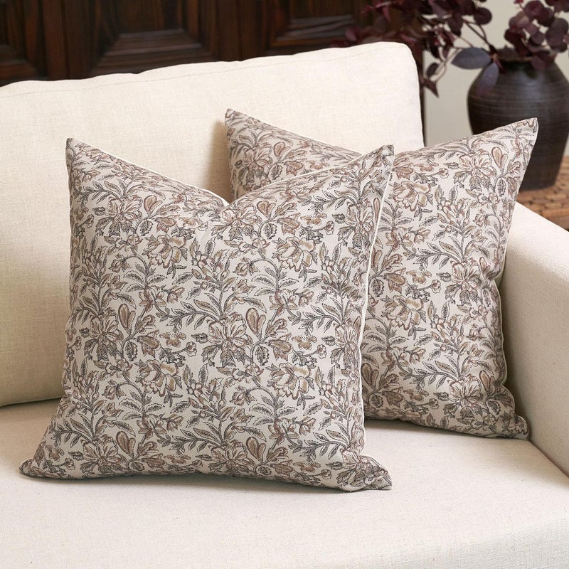 Amor Virisso Floral Throw Pillow Covers 20x20 Set of 2 Vintage Block Print Pillow Covers Decorative Pillow Covers Couch Pillows for Living Room Farmhouse Accent Sofa Pillows, Red/Sand - Image 1