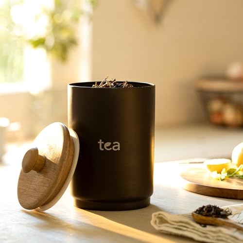 Ellementry Wood Charcoal Brown Tea Jar with Lid, Rustic Airtight Storage Container for Tea, Coffee, Sugar, Snacks for Kitchen use, Organizer for Countertop & Pantry Use (11 x 11 x 18 cm) - Image 1