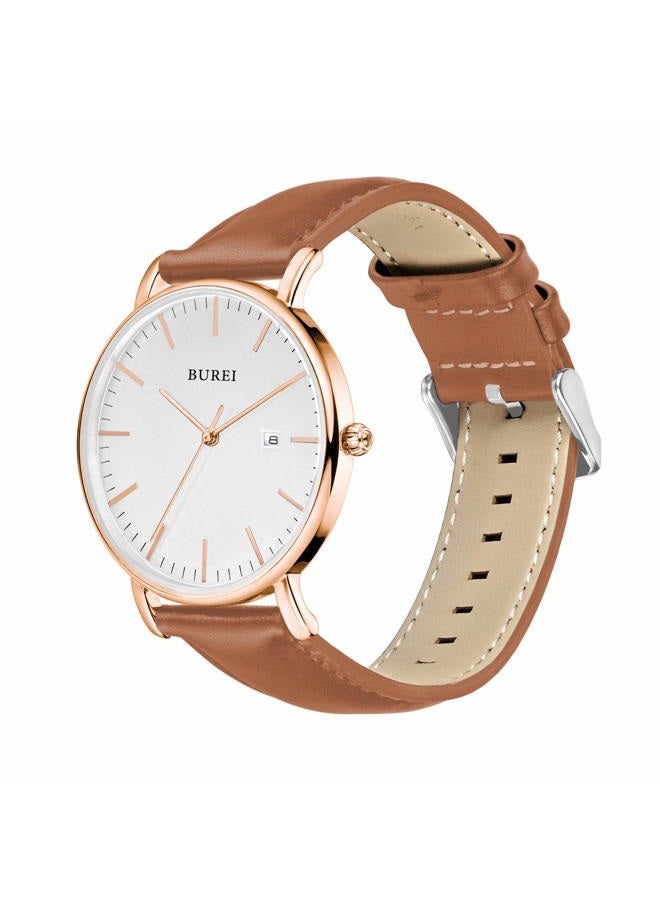 BUREI Men Watches Fashion Minimalist Waterproof Leather Watches for Men Women Student,White Rose Gold - Image 2