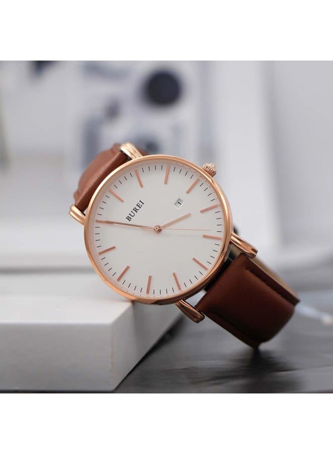 BUREI Men Watches Fashion Minimalist Waterproof Leather Watches for Men Women Student,White Rose Gold - Image 4