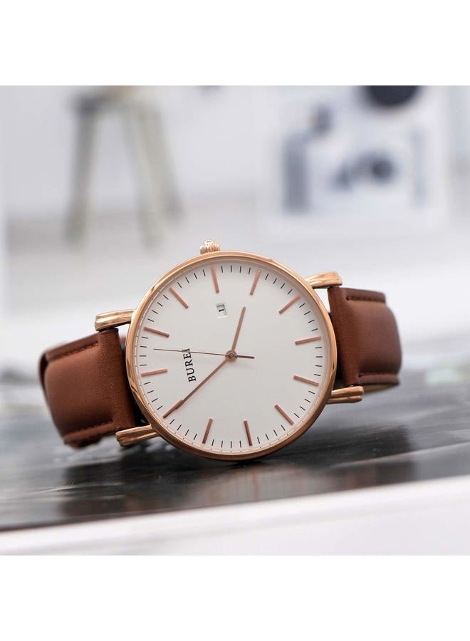 BUREI Men Watches Fashion Minimalist Waterproof Leather Watches for Men Women Student,White Rose Gold - Image 3