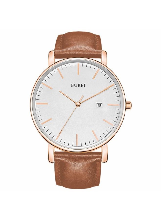 BUREI Men Watches Fashion Minimalist Waterproof Leather Watches for Men Women Student,White Rose Gold - Image 1