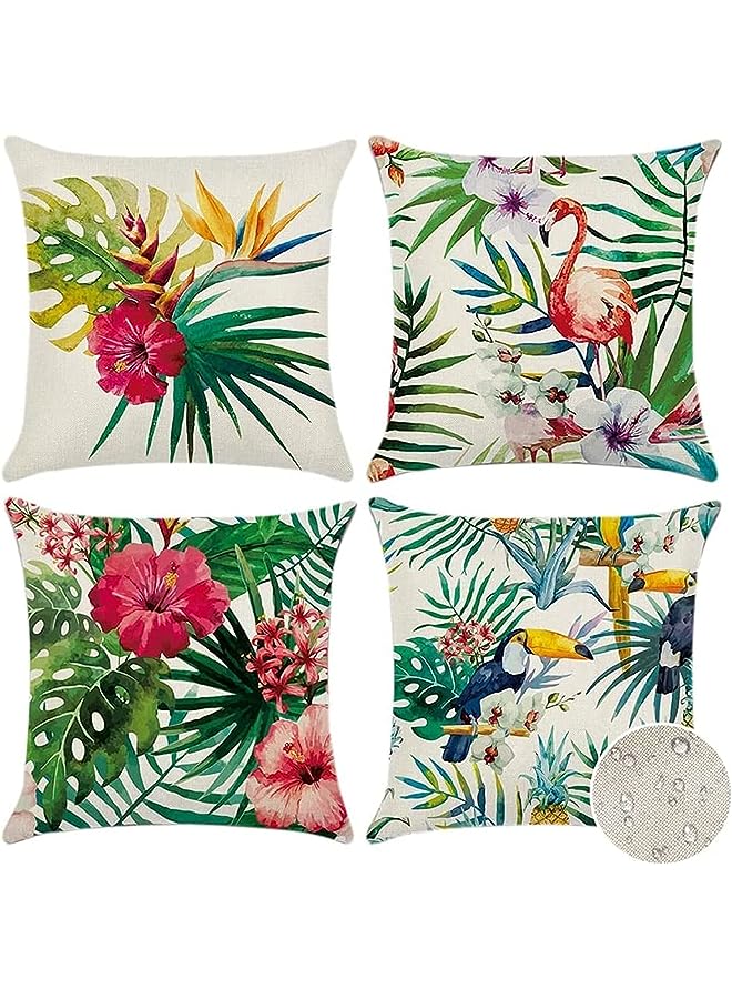 IAF Throw Pillow Covers, Set of 4 18x18 Inches, Tropical Plants and Flowers and Birds Pattern Waterproof Cushion Covers, Perfect to Outdoor Patio Garden Living Room Sofa Farmhouse Decor - Image 1