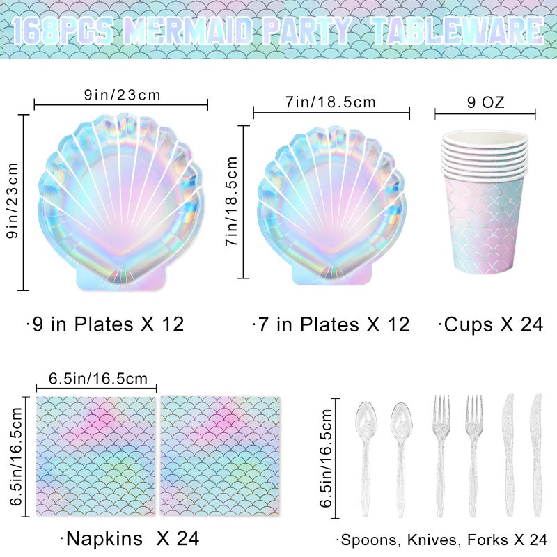QIYANPAX 144 Pcs Mermaid Party Supplies Mermaid Birthday Decorations Includes Plates Napkins Cups Cutlery for Under the Sea Party Decorations, Serve 24 - Image 2
