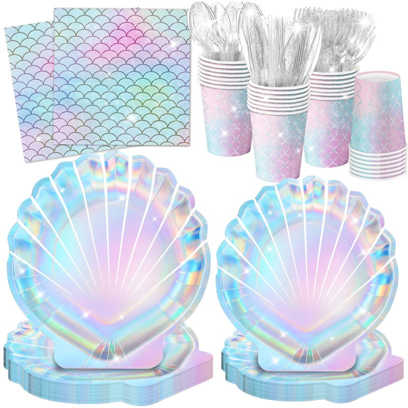 QIYANPAX 144 Pcs Mermaid Party Supplies Mermaid Birthday Decorations Includes Plates Napkins Cups Cutlery for Under the Sea Party Decorations, Serve 24 - Image 1