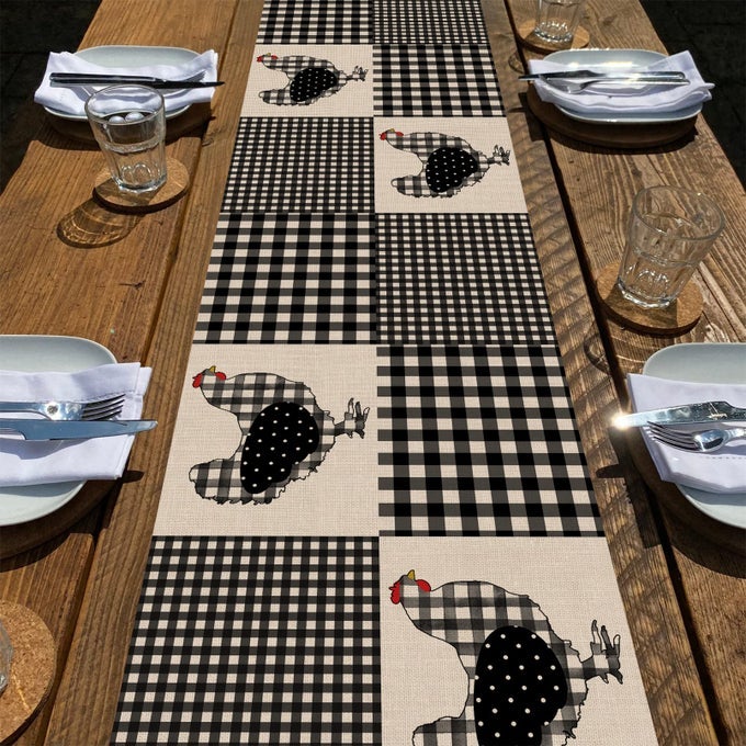 FARM ANIMAL CHICKEN HEN BLACK WHITE BUFFALO PLAID CHECK TABLE RUNNER FARMHOUSE CHICK HOME KITCHEN HOLIDAY SPRING SUMMER DECOR EASTER COUNTRY RUSTIC BURLAP DINING DECORATION PARTY SUPPLY 13X72