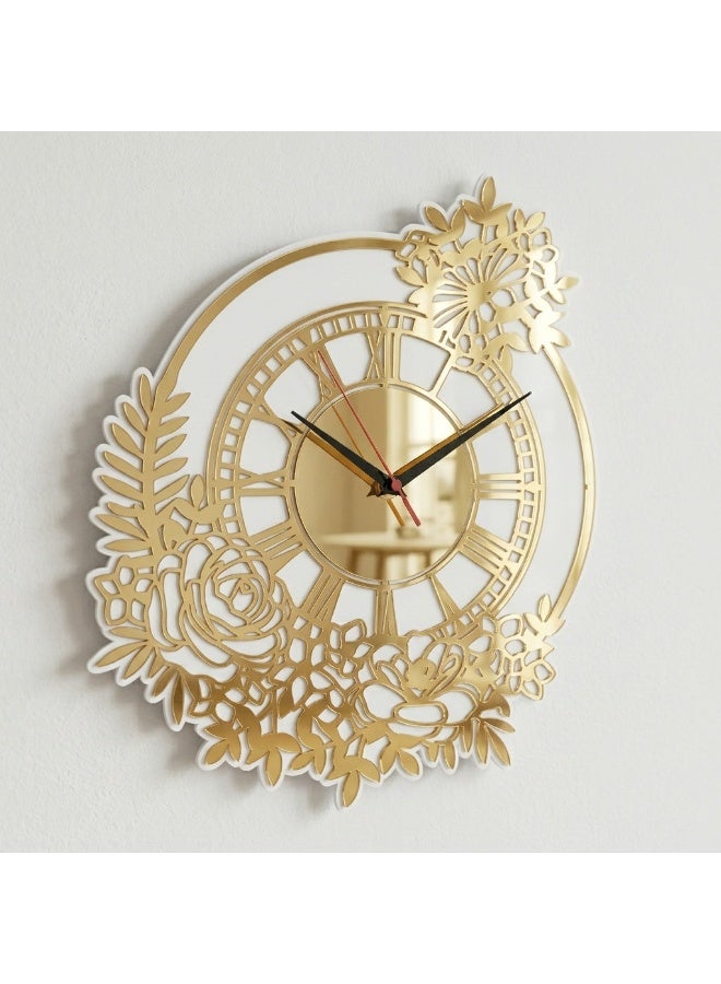 A modern wooden decorative wall clock with an elegant floral design, featuring a touch of gold and luxurious white. Large in size, it's perfect for the home, living room, or office. Easy to install, this contemporary wall piece adds a touch of sophistication to any space. - Image 1