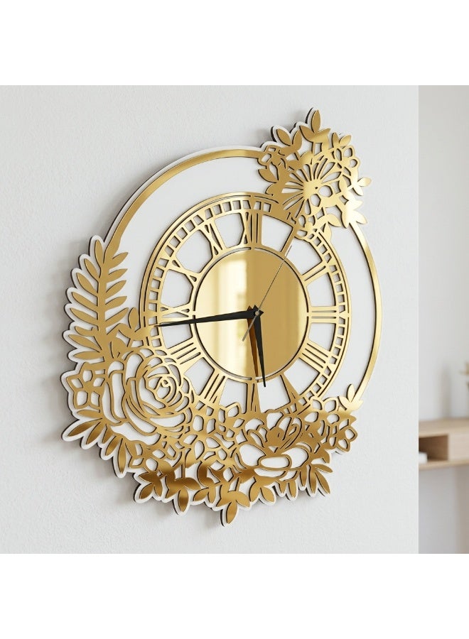 A modern wooden decorative wall clock with an elegant floral design, featuring a touch of gold and luxurious white. Large in size, it's perfect for the home, living room, or office. Easy to install, this contemporary wall piece adds a touch of sophistication to any space. - Image 3