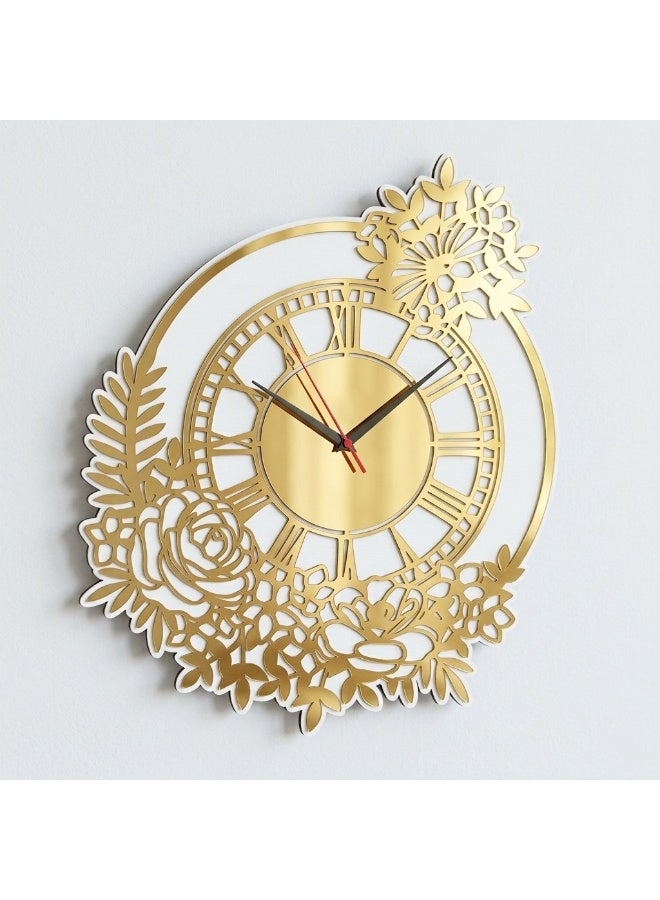 A modern wooden decorative wall clock with an elegant floral design, featuring a touch of gold and luxurious white. Large in size, it's perfect for the home, living room, or office. Easy to install, this contemporary wall piece adds a touch of sophistication to any space. - Image 2