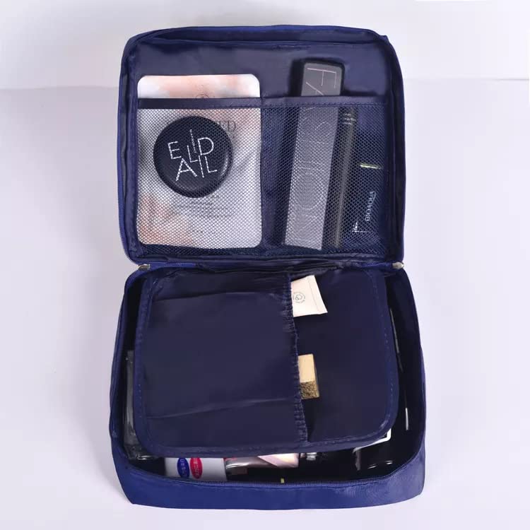 ERHETUS Multipurpose Travel Cosmetic Makeup Pouch | Multi Pockets Toiletry Bags & Travelling Pouches for Girls | Inner Ware Storage Organizer & Wash Bag for Women - Navy Flower (Size: 21x16x08 cm) - Image 1