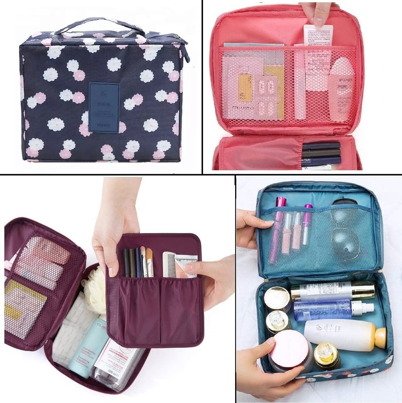 ERHETUS Multipurpose Travel Cosmetic Makeup Pouch | Multi Pockets Toiletry Bags & Travelling Pouches for Girls | Inner Ware Storage Organizer & Wash Bag for Women - Navy Flower (Size: 21x16x08 cm) - Image 5