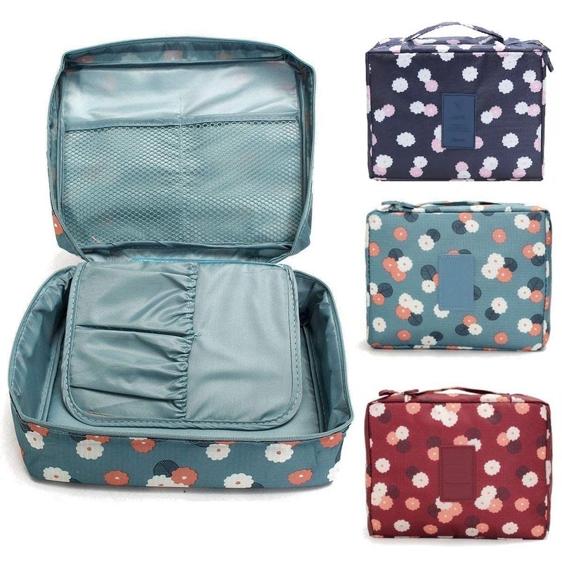 ERHETUS Multipurpose Travel Cosmetic Makeup Pouch | Multi Pockets Toiletry Bags & Travelling Pouches for Girls | Inner Ware Storage Organizer & Wash Bag for Women - Navy Flower (Size: 21x16x08 cm) - Image 2