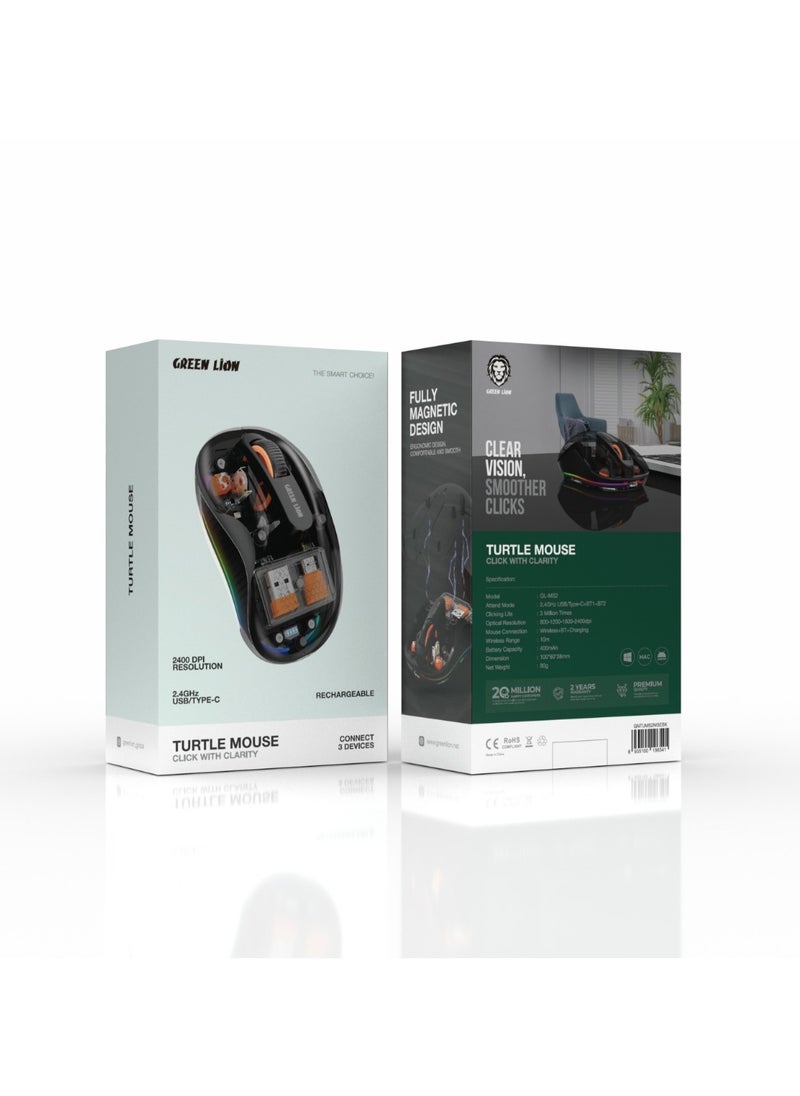 GREEN LION - Wireless Turtle Mouse 2400DPI / 3Million Times Clicking Life / Connect 3 Devices / Rechargeable / Fully Magnetic Design / Clear Vision, Smoother Clicks / Turtle Mouse Click with Clarity - Black - Image 1
